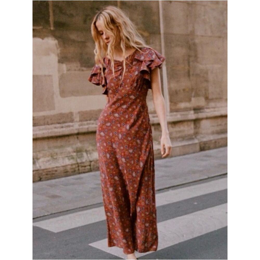 Doen Beatriz Red Blue Ruffle Sleeves Dress Size XS 100% silk